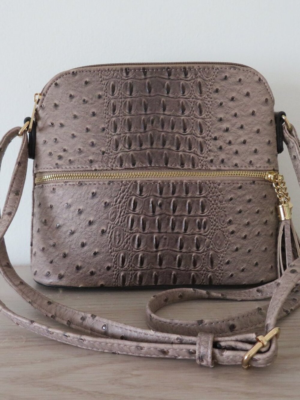Faux Ostrich Brown Taupe Handbag Crossbody Purse with Tassels
